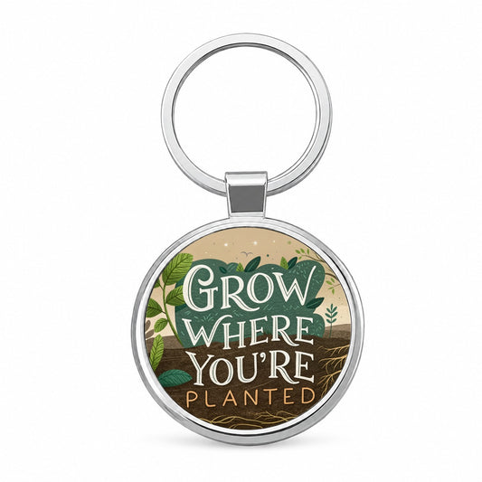 Grow Where You're Planted Inspirational Round Metal Keychain
