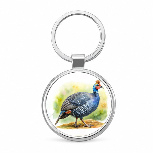 Guinea Fowl Colorful Watercolor Round Metal Keychain