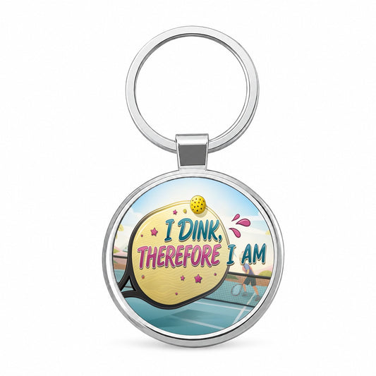 I Dink Therefore I Am Funny Pickleball Round Metal Keychain