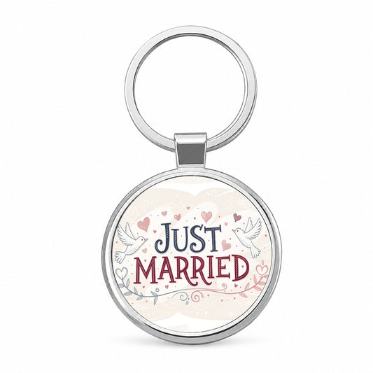 Just Married Doves Hearts Round Metal Keychain