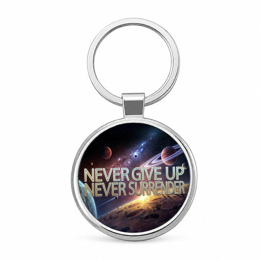 Never Give Up Never Surrender Galaxy Space Inspirational Round Metal Keychain