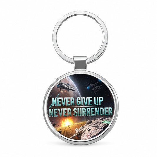 Never Give Up Never Surrender Inspirational Sci-Fi Space Round Metal Keychain
