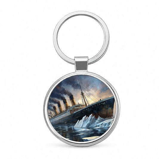 RMS Titanic Ship Hitting Iceberg Sinking Round Metal Keychain