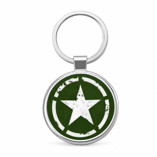 Rustic White Army Star On Olive Green Round Metal Keychain