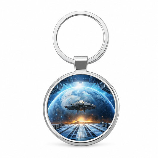 Spaceship Entering Station Spacedock Round Metal Keychain