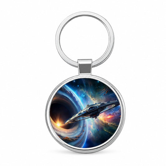 Starship Spaceship Coming Out Of Space Wormhole Round Metal Keychain