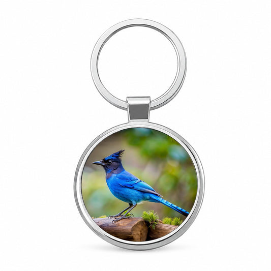 Stellar's Jay Backyard Bird Round Metal Keychain