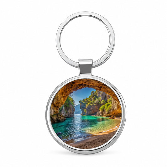 Tropical Beach In A Hidden Grotto Round Metal Keychain