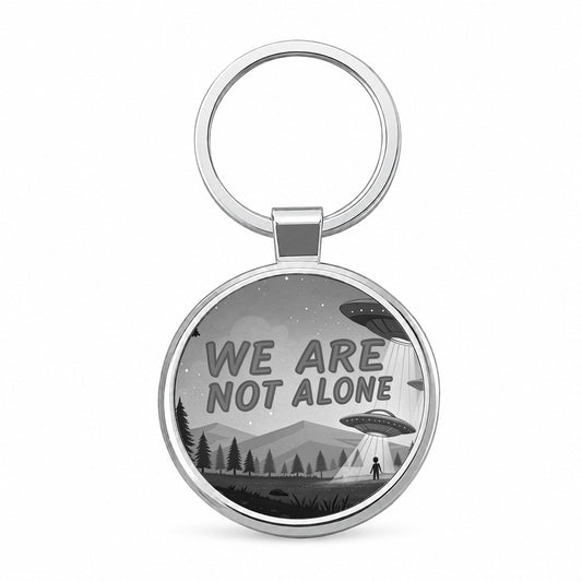 We Are Not Alone Funny Retro UFO Black And White Round Metal Keychain