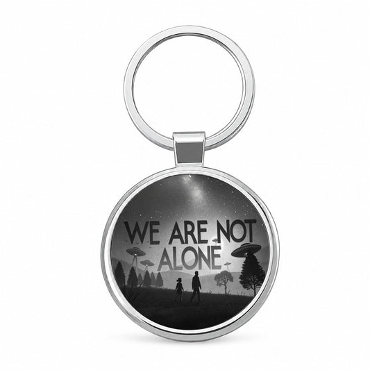 We Are Not Alone Retro Funny Alien Invasion Round Metal Keychain