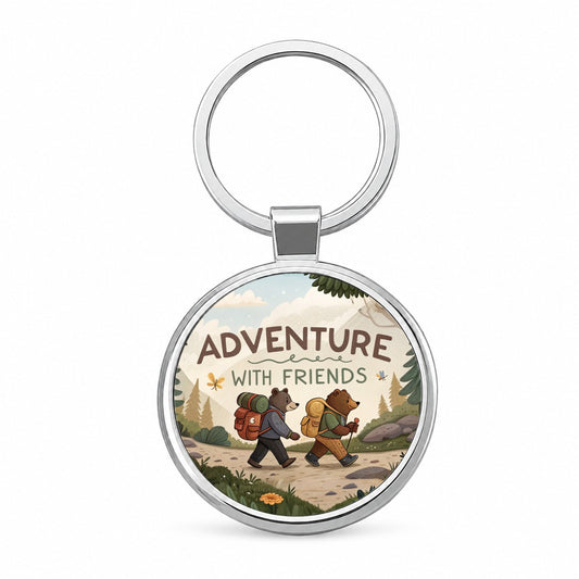 Adventure With Friends Hiking Bears Round Metal Keychain