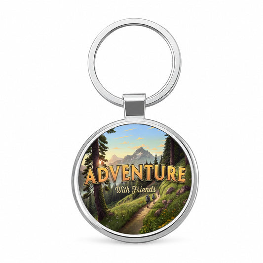Adventure With Friends Hiking Camping Round Metal Keychain