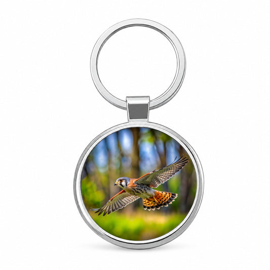 American Kestrel Raptor in Flight Round Metal Keychain