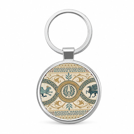 Ancient Greek Pattern Griffins Round Metal Keychain