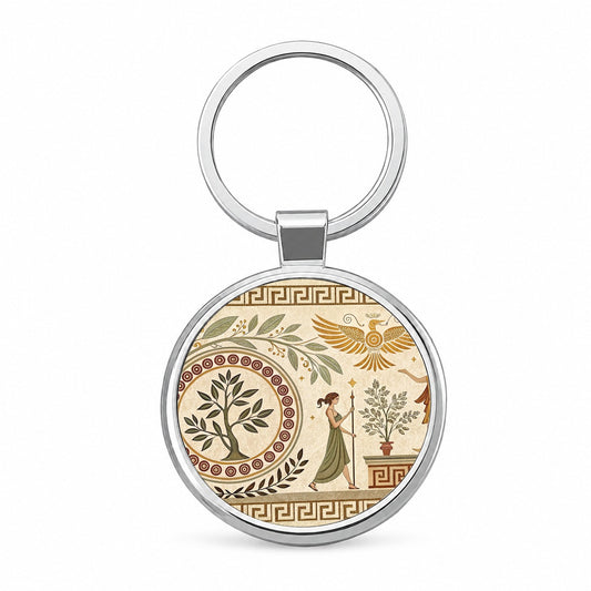 Ancient Greek Tree Pattern Round Metal Keychain