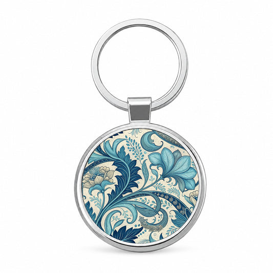 Art Nouveau Blue Leaf Flowers Round Metal Keychain