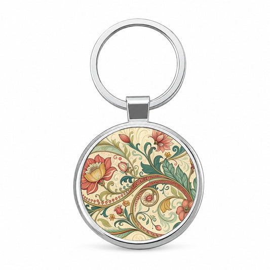 Art Nouveau Flower Leaf Pattern Round Metal Keychain