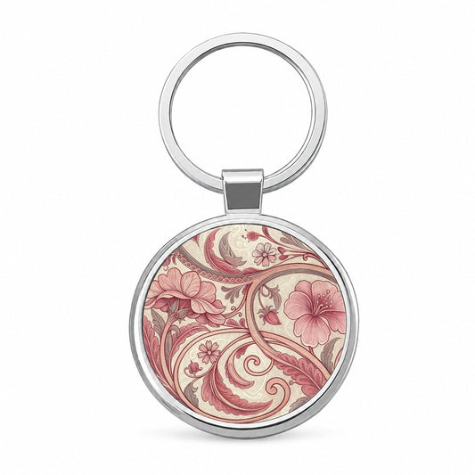 Art Nouveau Pattern Pink Leaf Flowers Round Metal Keychain