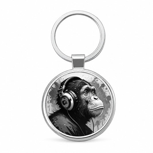 Artsy B&W Monkey with Headphones Round Metal Keychain
