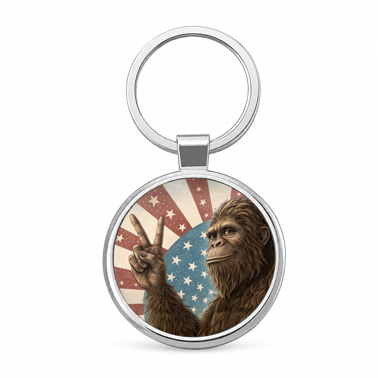 Bigfoot Giving Peace Sign Rising American Flag Round Metal Keychain