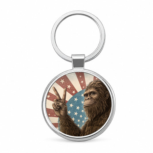 Bigfoot Giving Peace Sign Rising American Flag Round Metal Keychain