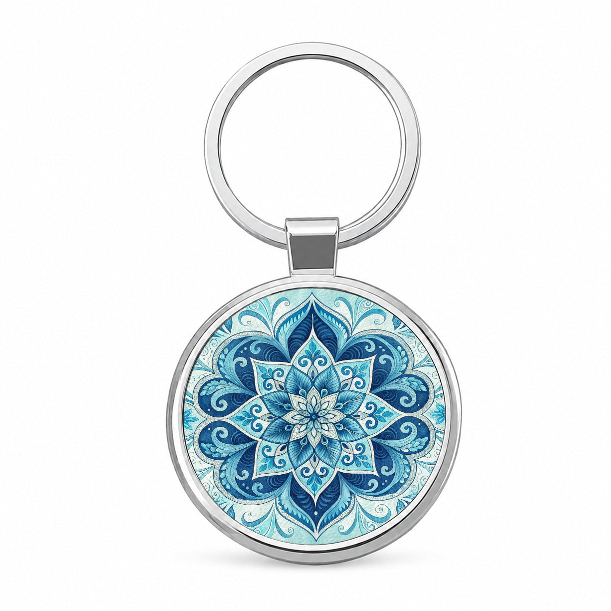 Blue Symmetrical Artistic Floral Pattern Round Metal Keychain