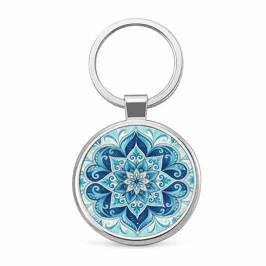 Blue Symmetrical Artistic Floral Pattern Round Metal Keychain