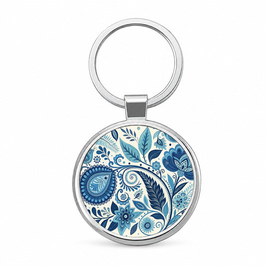 Blue Traditional Folk Art Floral Pattern Round Metal Keychain