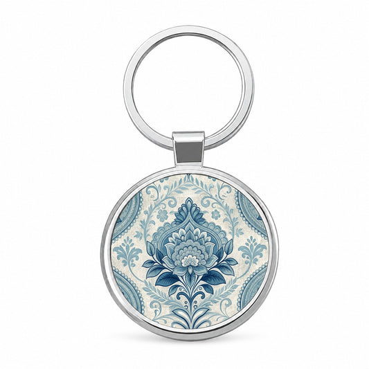 Blue Victorian Decorative Floral Pattern Round Metal Keychain