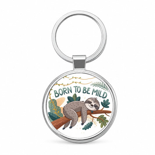 Born To Be Mild Sleeping Sloth Round Metal Keychain