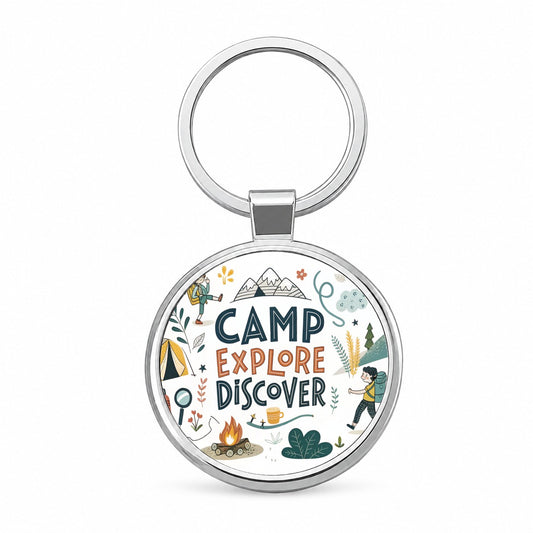 Camp Explore Discover Camping Hiking Round Metal Keychain