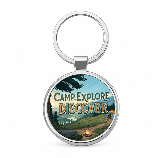 Camp Explore Discover Hiking Camping Round Metal Keychain