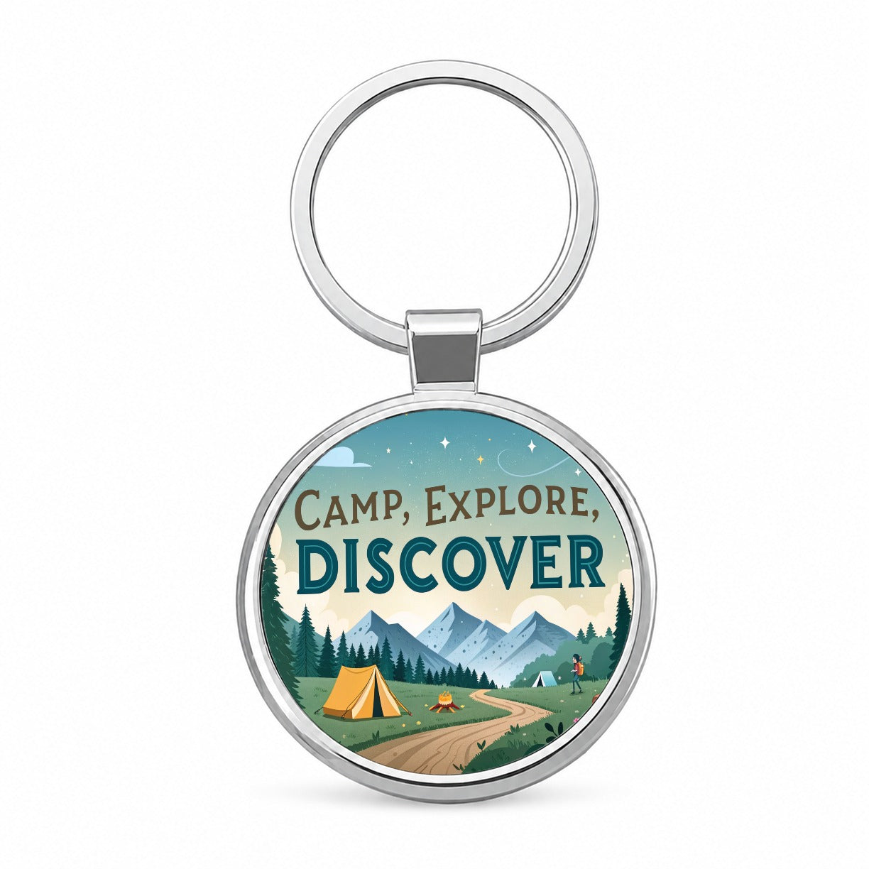Camp Explore Discover Text Camping And Hiking Round Metal Keychain