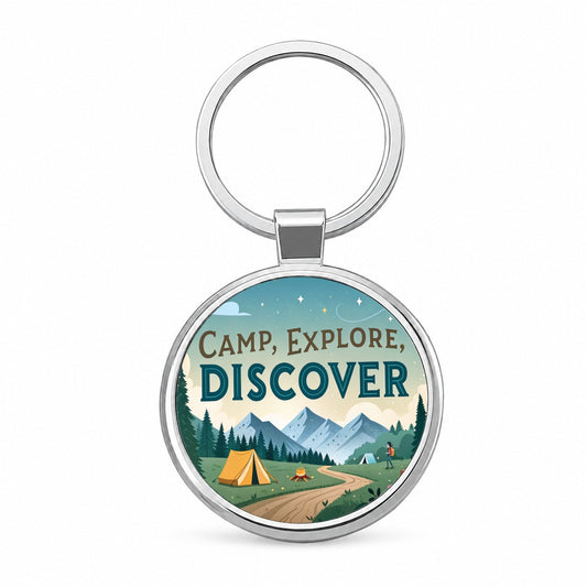 Camp Explore Discover Text Camping And Hiking Round Metal Keychain