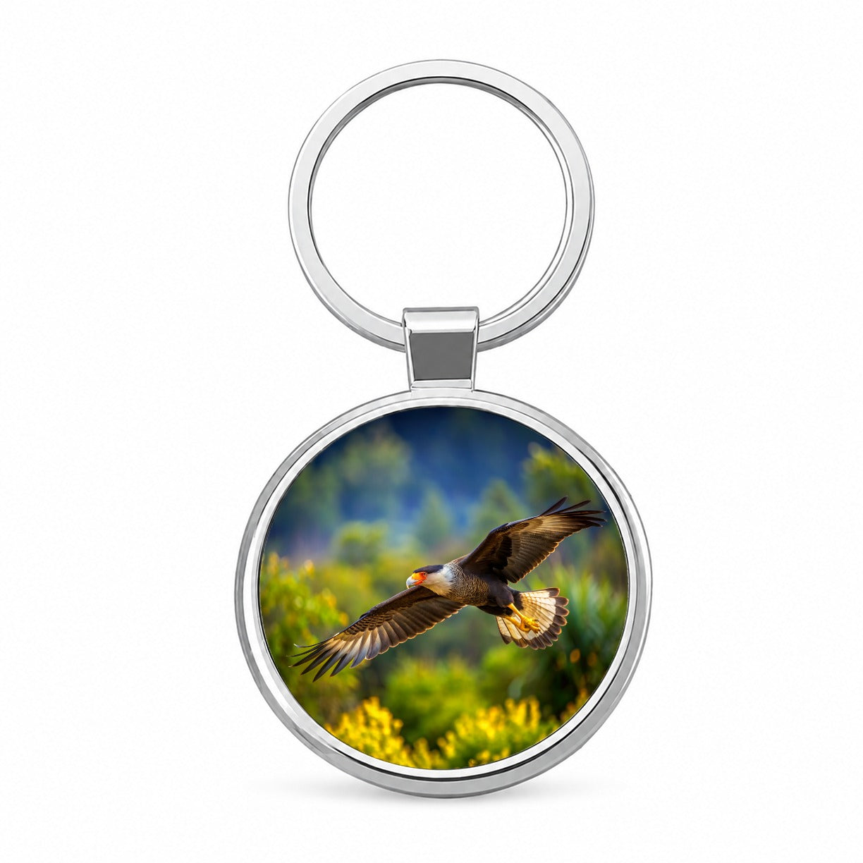 Caracara Raptor in Flight Round Metal Keychain