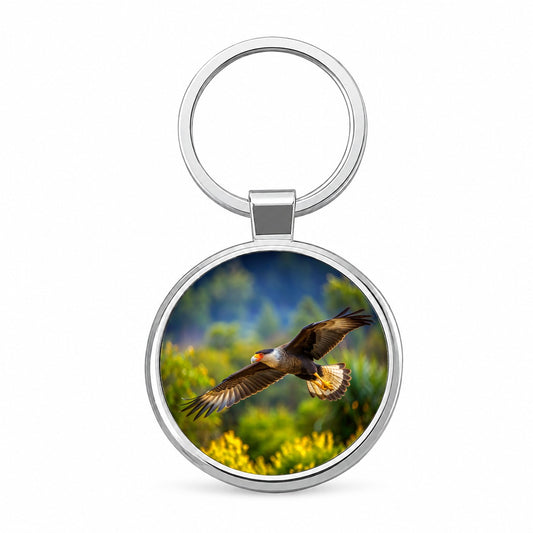 Caracara Raptor in Flight Round Metal Keychain