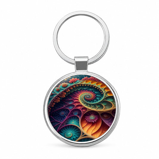Colorful Fractal Art Swirl Pattern Round Metal Keychain