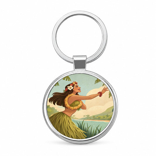 Dancing Hawaiian Hula Girl in Grass Skirt Round Metal Keychain