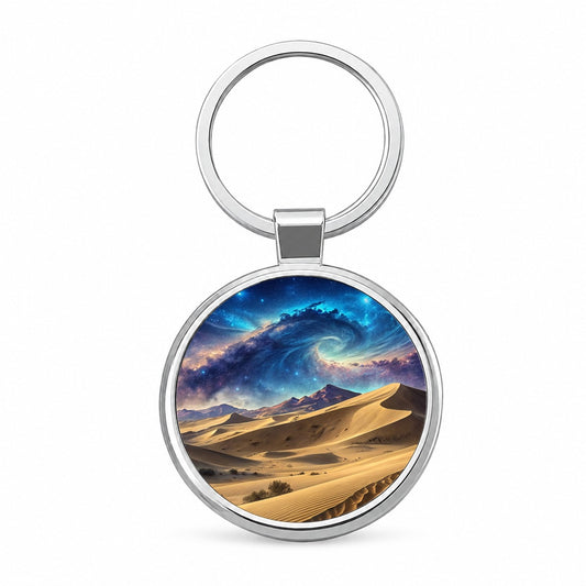 Desert Sand Dunes Under Blue Nebula Sci-Fi Round Metal Keychain