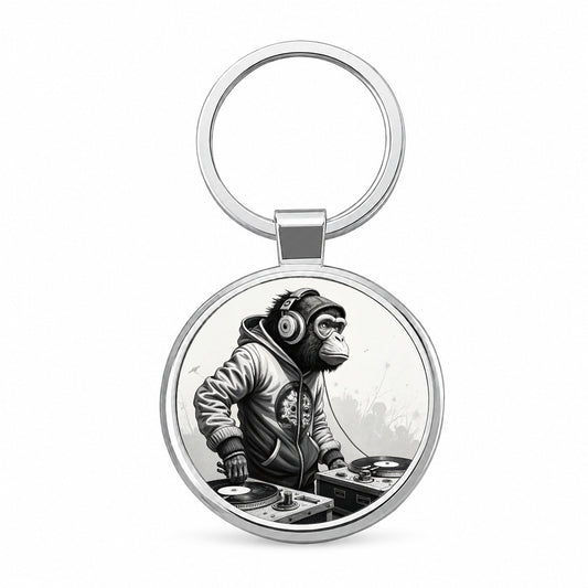 DJ Monkey with Headphones B&W Round Metal Keychain