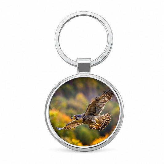 Falcon Raptor in Flight Round Metal Keychain