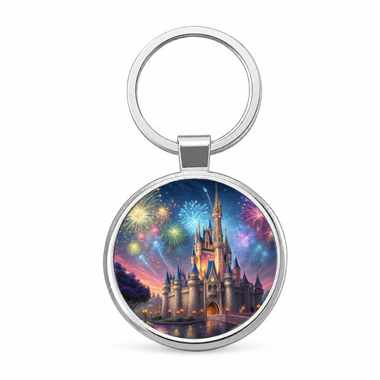 Fantasy Kingdom Castle Fireworks at Night Round Metal Keychain