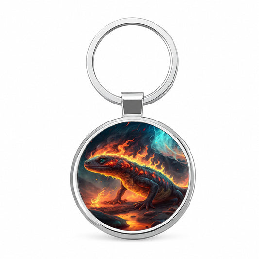 Flaming Fantasy Salamander at Night Round Metal Keychain