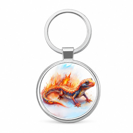 Flaming Fantasy Salamander Watercolor Round Metal Keychain