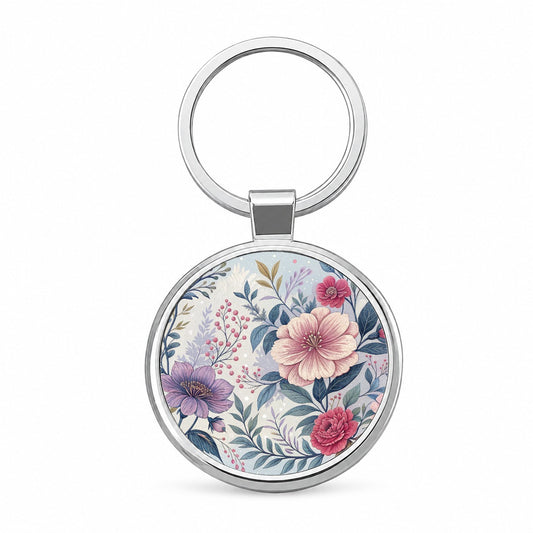 Flower Floral Pink Purple Pattern Round Metal Keychain
