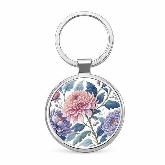 Flowers Pink Blue Purple Pattern Round Metal Keychain