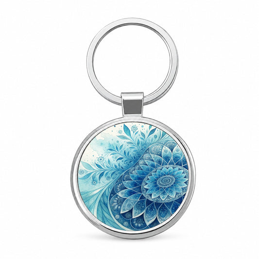 Fractal Art Blue Flower Pattern Watercolor Style Round Metal Keychain