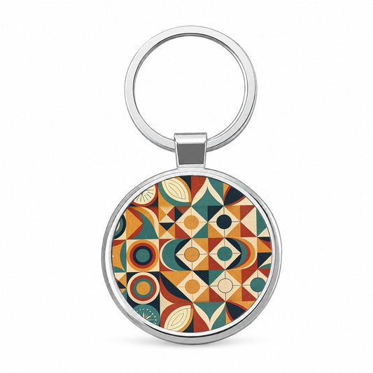 Geometric Retro Design Pattern Round Metal Keychain