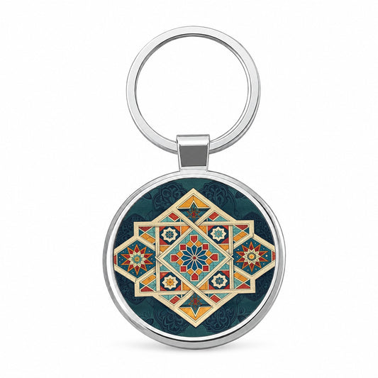 Geometric Retro Vintage Pattern Round Metal Keychain
