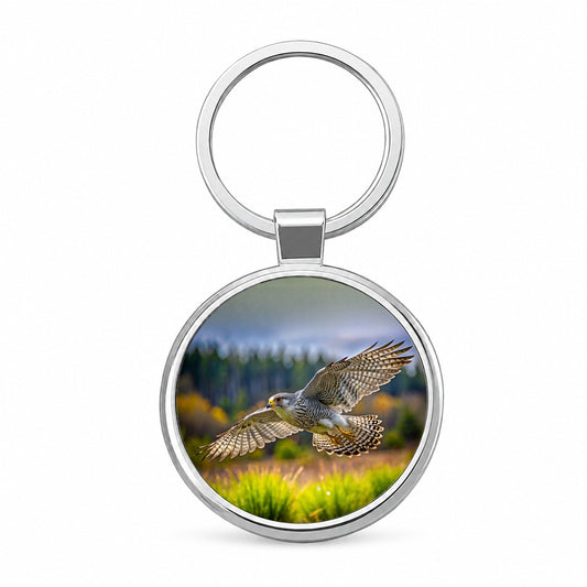 Gyrfalcon Raptor in Flight Round Metal Keychain